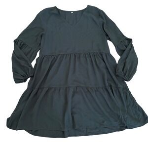 Tiered Babydoll Dress Long Sleeve V-Neck Black Dress Size L Witchy Boho‎ Fall
